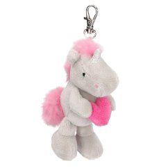 Plyšový přívěsek jednorožce s karabinkou Ylvi, šedý s růžovým srdcem