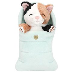 Plyšová tříbarevná kočička Top Model v zeleném spacáčku