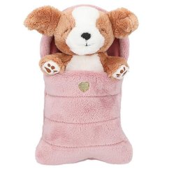 Plyšový  hnědý pejsek Top Model v růžovém spacáčku